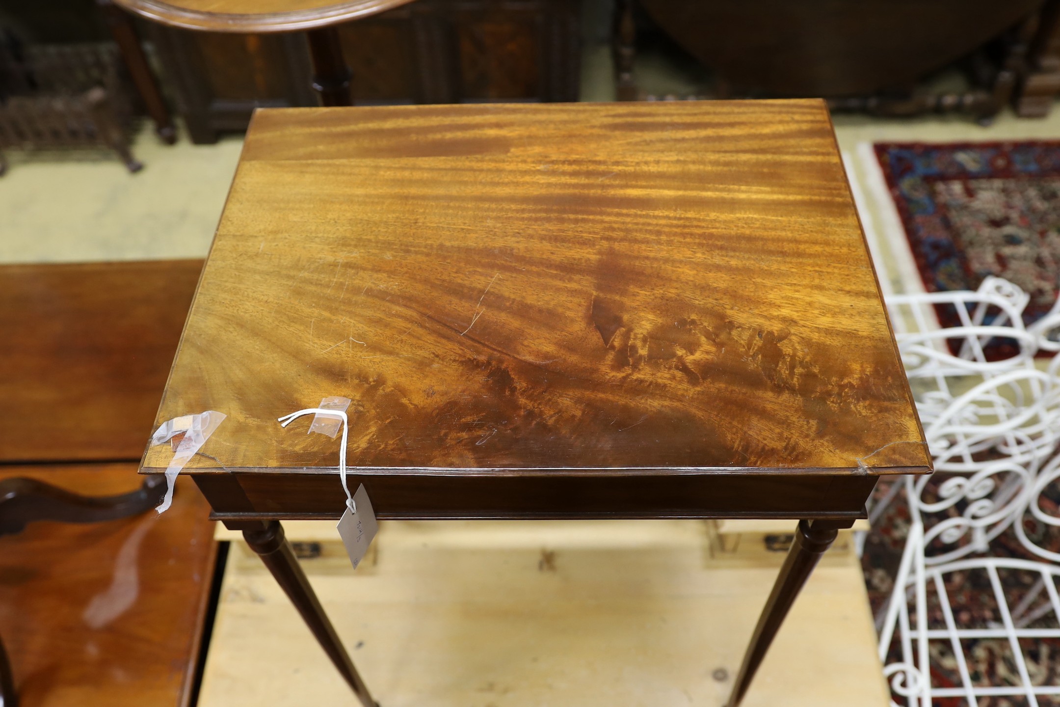 An Edwardian rectangular mahogany side table, width 51cm, height 70cm, together with a Victorian mahogany circular wine table